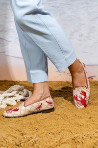 Needlepoint tan loafers with a embroidered red lobster.