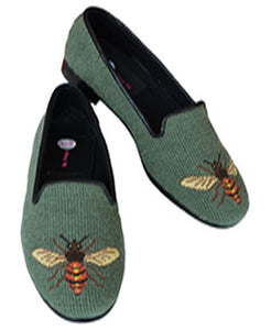 The sage green loafer withh a detailed bee in gold and black is a classic design  that can be worn for most occassions. It is finished with black leather piping and leather lined. The shoe is finished with a composite sole and 1/2 inch sole.