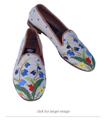 misses handstiched needlepoint loafer with a colorful image of a spring bouquet in soft reds, green and blue
