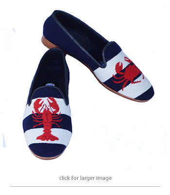 red lobster and crab handstitched on a navy and white stripe background, so cool so fun