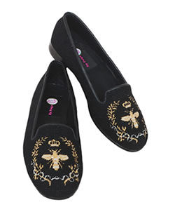 Our classic metallic bee hand sewn on a black background is a Holiday favorite seen at elegant partie or relaxing in a ski lodge. Needlepoint shoes are a traditional staple worn during most occasions. Buy yours now and join the party.