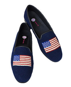 <img  src="needlepoint loafer.jprg alt="misses  needpoint loafer hand stitched with the American flag in red white and blue on a navy background">