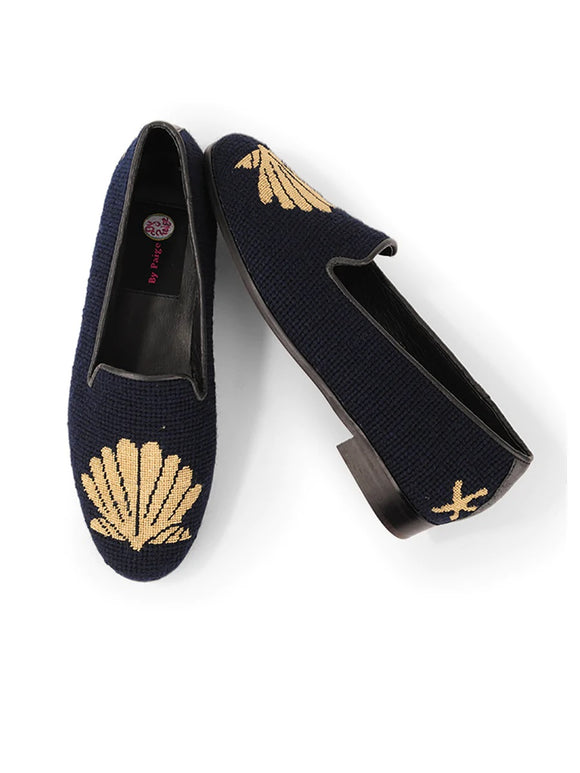 By Paige Hand-Stitched Needlepoint Loafer Metallic Gold Scallop Shell on Navy