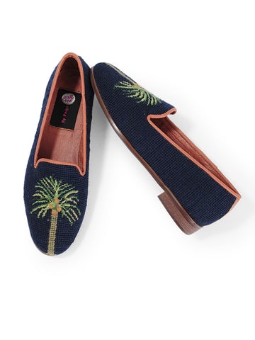 Misses Needlepoint Loafers Palm Trees on Navy