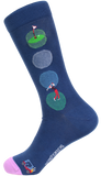 Blue socks with a minimalist golf course theme.  Large circles represent the putting green, water and sand traps, with detailed embroidery of a golfer and the tee.  One size fits most, comfortably accommodating US men’s shoe sizes 8-1