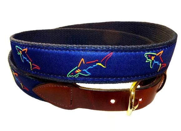 Men's favorite custom canvas Shark ribbon belt, is a a Lillie Design exclusive in muti colors with leather tabs and brass buckle. Buy Now Size