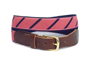 Men's Exclusive Nantucket red belt has a navy diagonal stripe and is finished on navy webbing with leather  tabs and a brass buckle. Size: 30-54