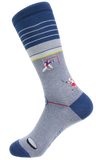 An embroidered Ice Hockey player takes a slap-shot against the opposing goalie on a textured birds-eye pattern that creates a textured "ice rink", complete with red center line, and stadium seating! Detailed puck is stitched into the toe.One size fits most, comfortably accommodating US men’s shoe sizes 8-13, women’s 10+.  A fine mix of 65% premium Peruvian Pima cotton, 33% Nylon, and 3% Spandex.