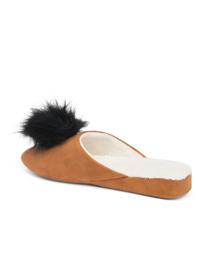 Patricia Green  slipper with black fur on a Chestnut background. Relax in luxury