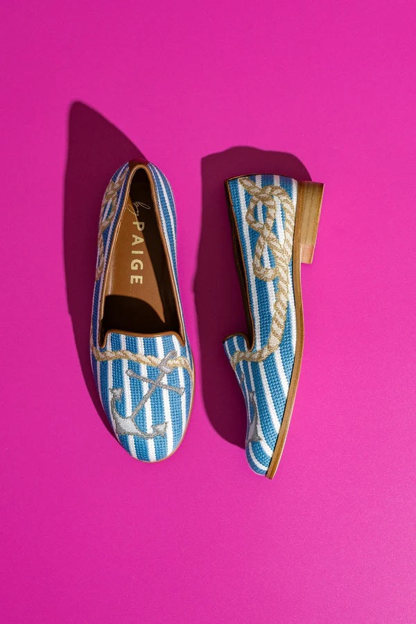 Misses embroidered striped needlepoint loafer with roe desighn