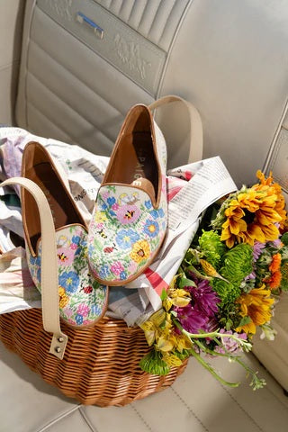 Misses Needlepoint Shoes Basket of Flowers
