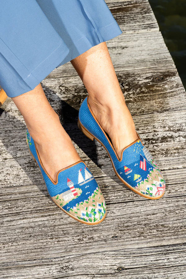 Misses needlepoint shoe in shades of blue witha scene of Nantucket