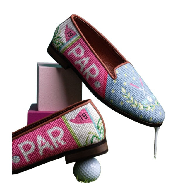 Stunning blue pink and grass green color combination on detailed golf shoewith images of golf cart, par logo and 19th hole flag