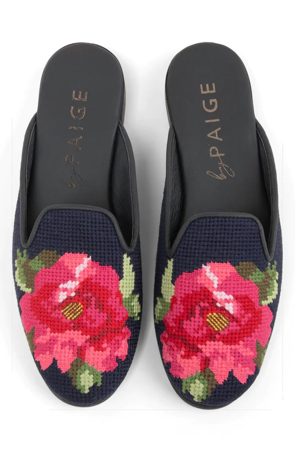 By Paige Needlepoint Mule Floral Collection Peony on Black | Designs  by Lillie