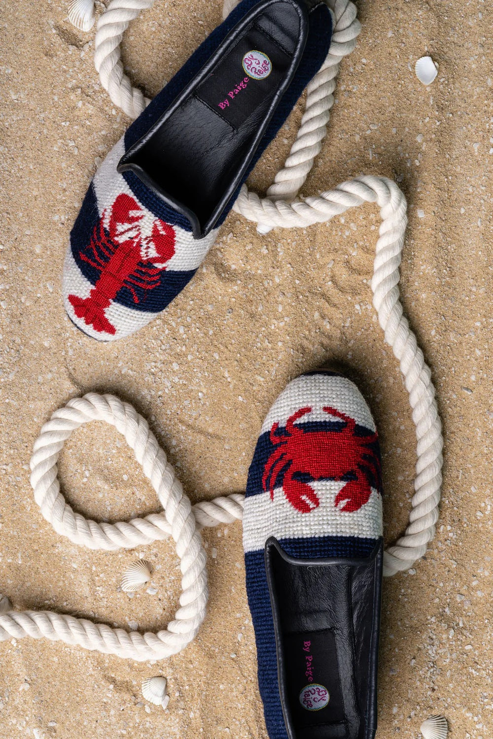 By Paige Handstitched Needlepoint Loafer Crab and Lobster on Navy