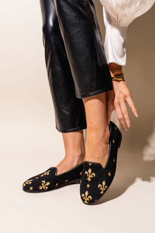 By Paige Hand-Stitched Needlepoint Loafer Black Fleur de lis