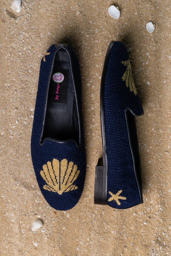 By Paige Nautical Needlepoint Loafer Collection Metallic Gold Scallop Shell on Navy