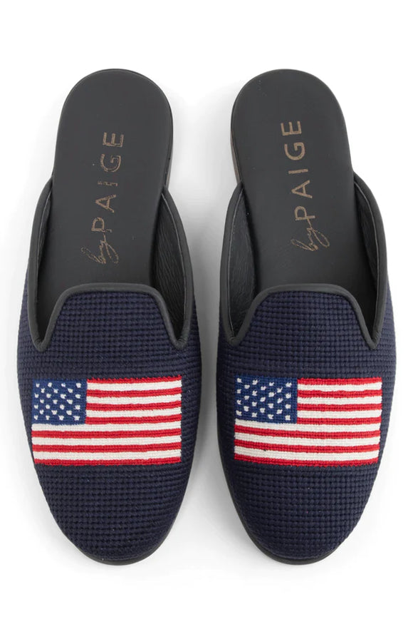 Misses Needlepoint Mule American Flag on Nav y