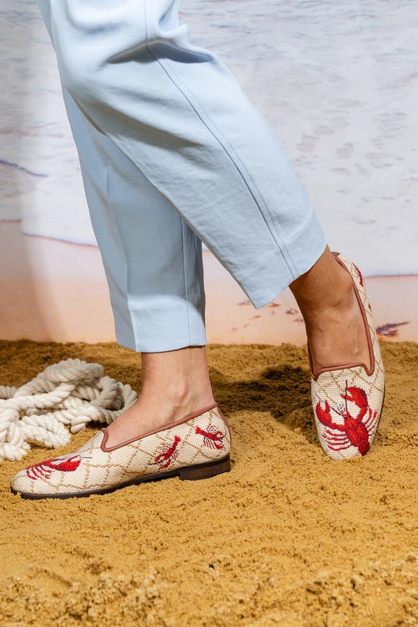 Needlepoint tan loafers with a embroidered red lobster.