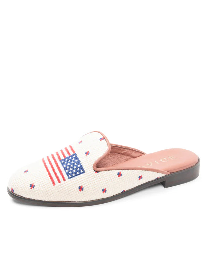 Misses Popular Needlepoint Mules By Paige  American Flag on Ivory