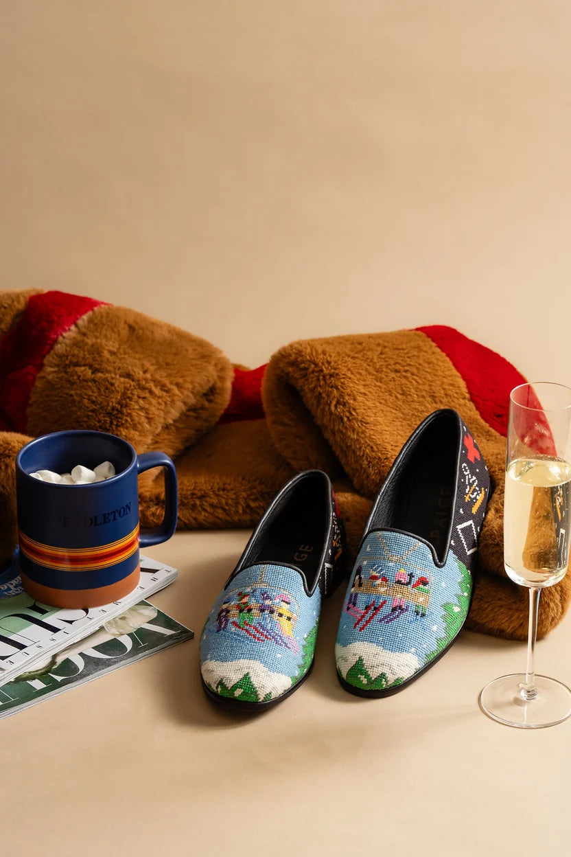 By Paige Needlepoint Shoe  Skiers on the Lift