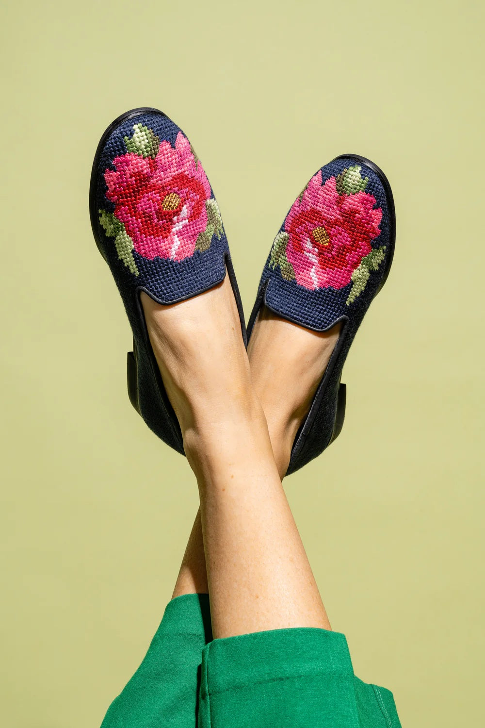 Navy Needlepoint loafers embroidered with a pink peony