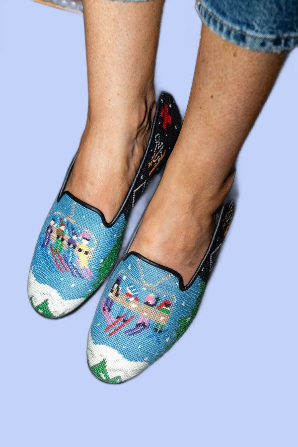 By Paige Needlepoint Shoe  Skiers on the Lift