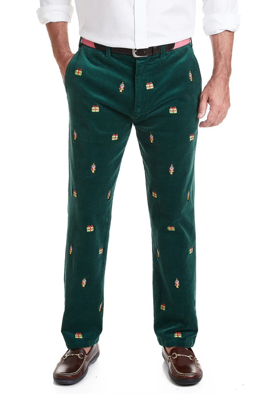 Men's Embroidered Beach Comber Corduroy  Pants Nutcracker on Hunter Green