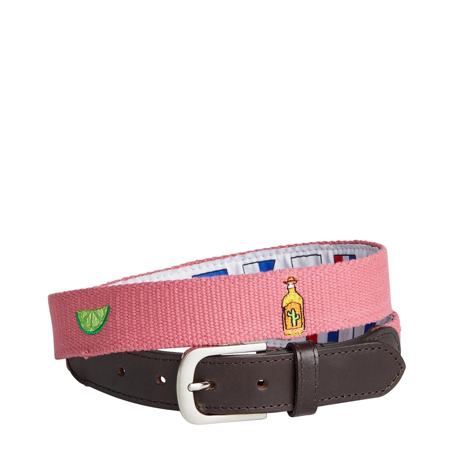 A Nantucket  red belt with embroidered details featuring Tequilla, lime, and salt, finished wuth  a brown leather tabsand and  brass buckle