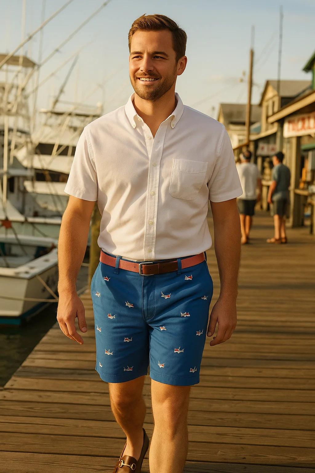 Cisco Embroidered Shorts Shark on Ocean Blue