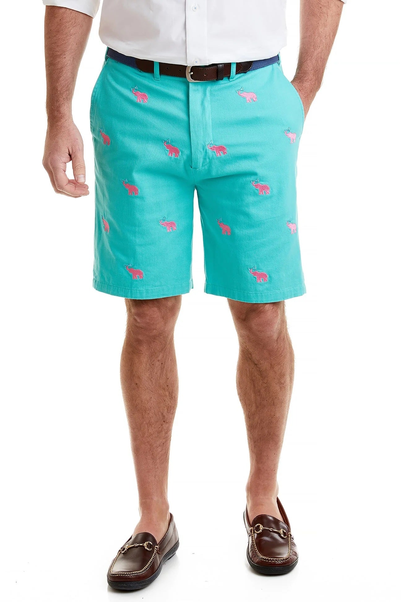Men's Popular Embroidered Shorts Toasting Elephants  On Aquatic Green