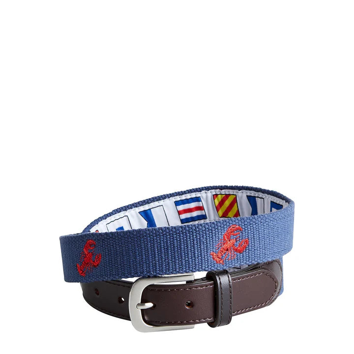 A medium  blue belt with a red lobster embroidery and multicolored signal flag lining featuring a brown leather buckle