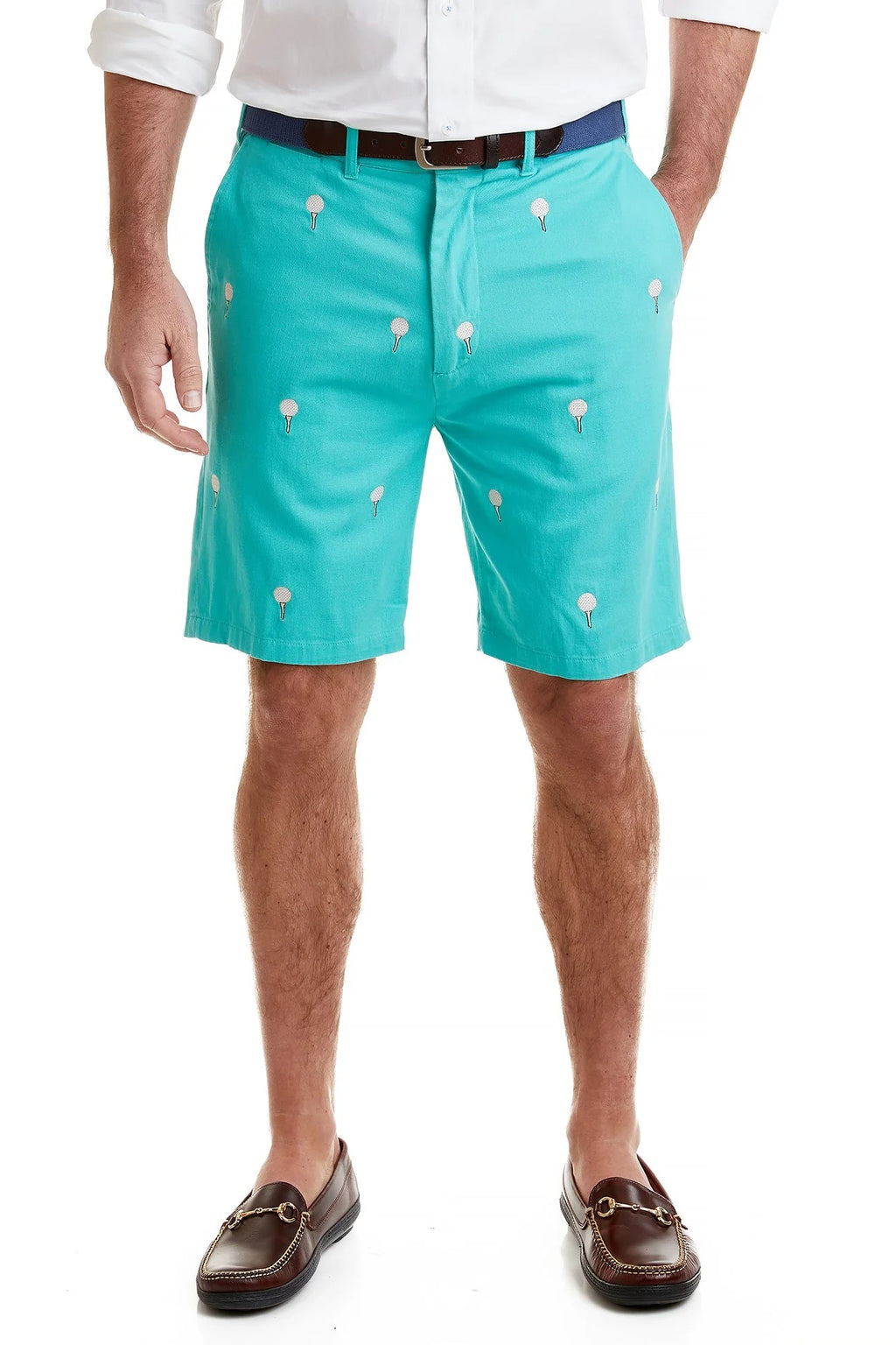 Men's Popular Embroidered Shorts Golf Balls with Tees on Aquatic Green
