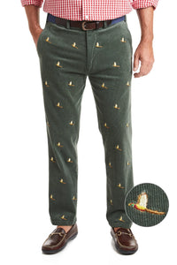 Men's Embroidered Corduroy Pants Pheasant On Sage Green