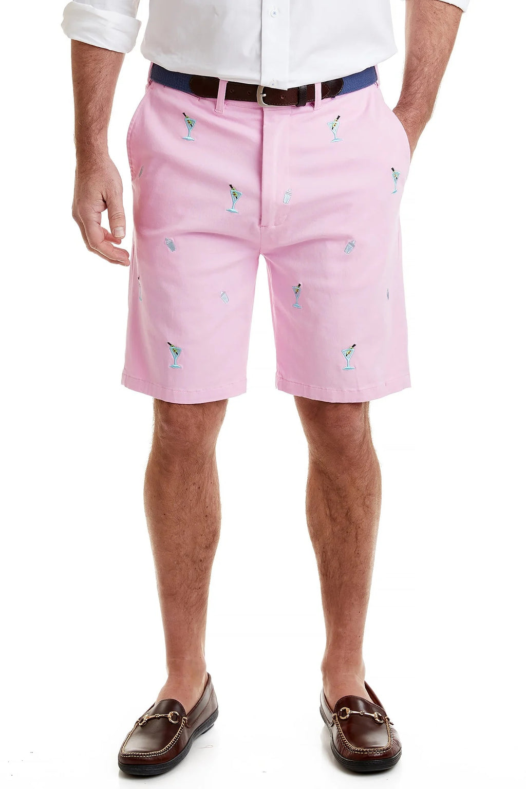 Men's Popular  Embroidered Shorts  Martini and Shaker on Pink