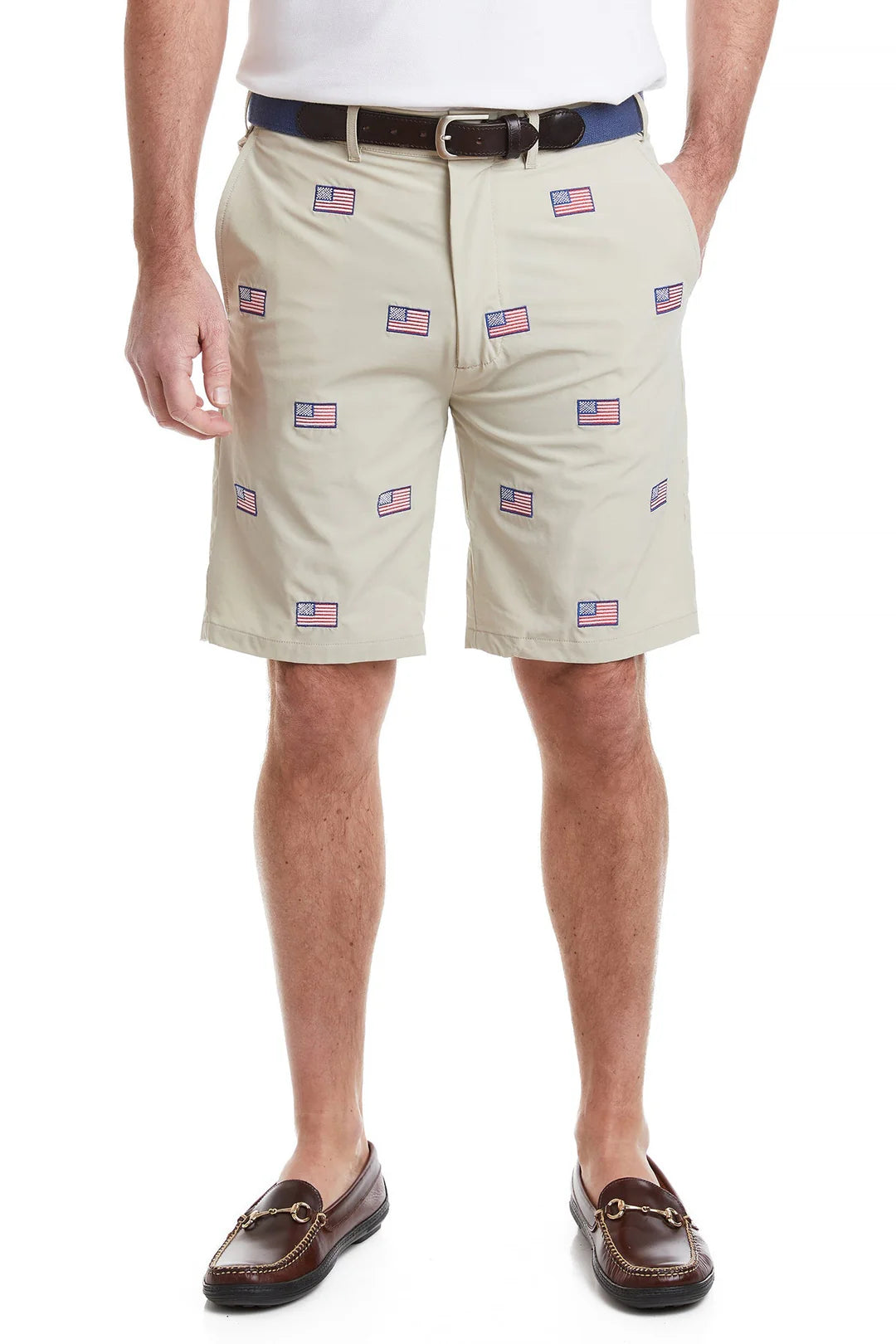 Mens Embroidered Shorts American Flag onKhaki