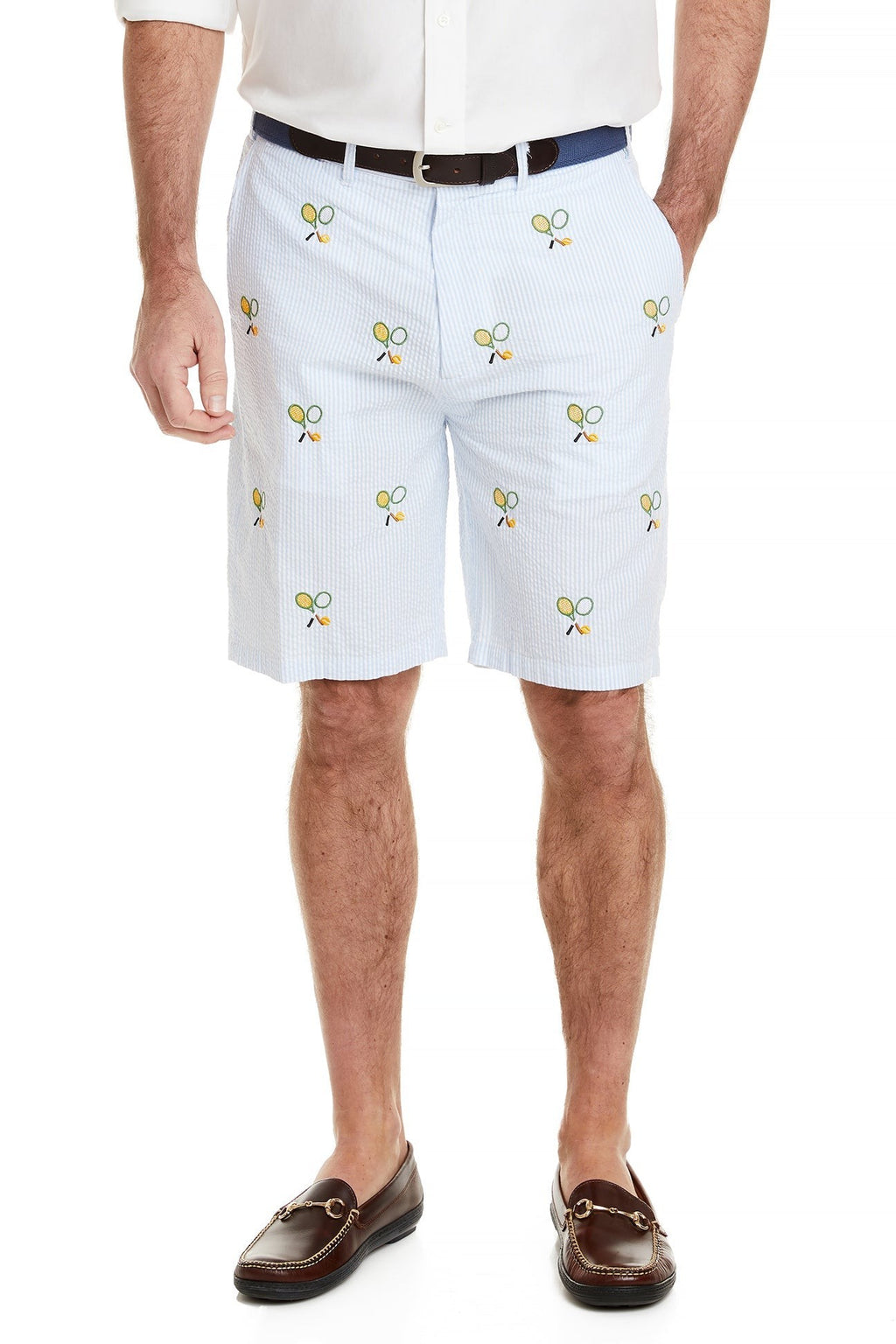 Men's Preppy Embroidered Shorts Tennis on Blue Seersucker