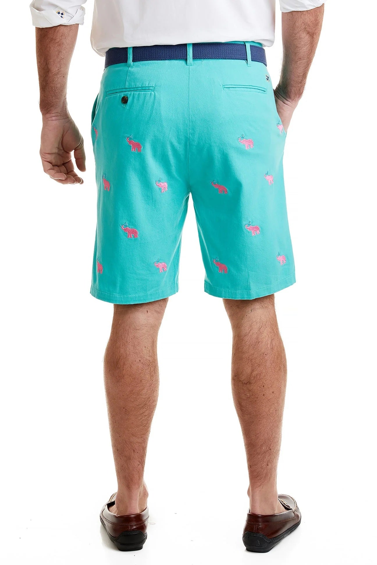 Men's Popular Embroidered Shorts Toasting Elephants  On Aquatic Green