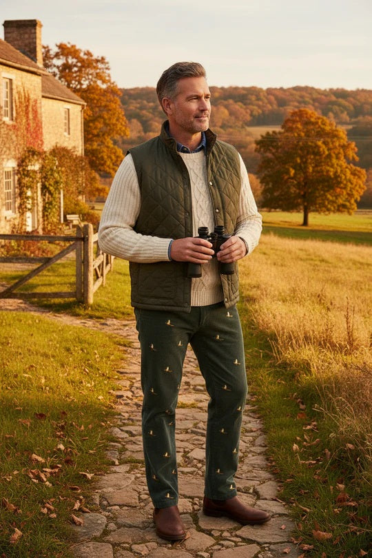 Men's Embroidered B eachcomber Corduroy Pants Pheasant On Sage Green