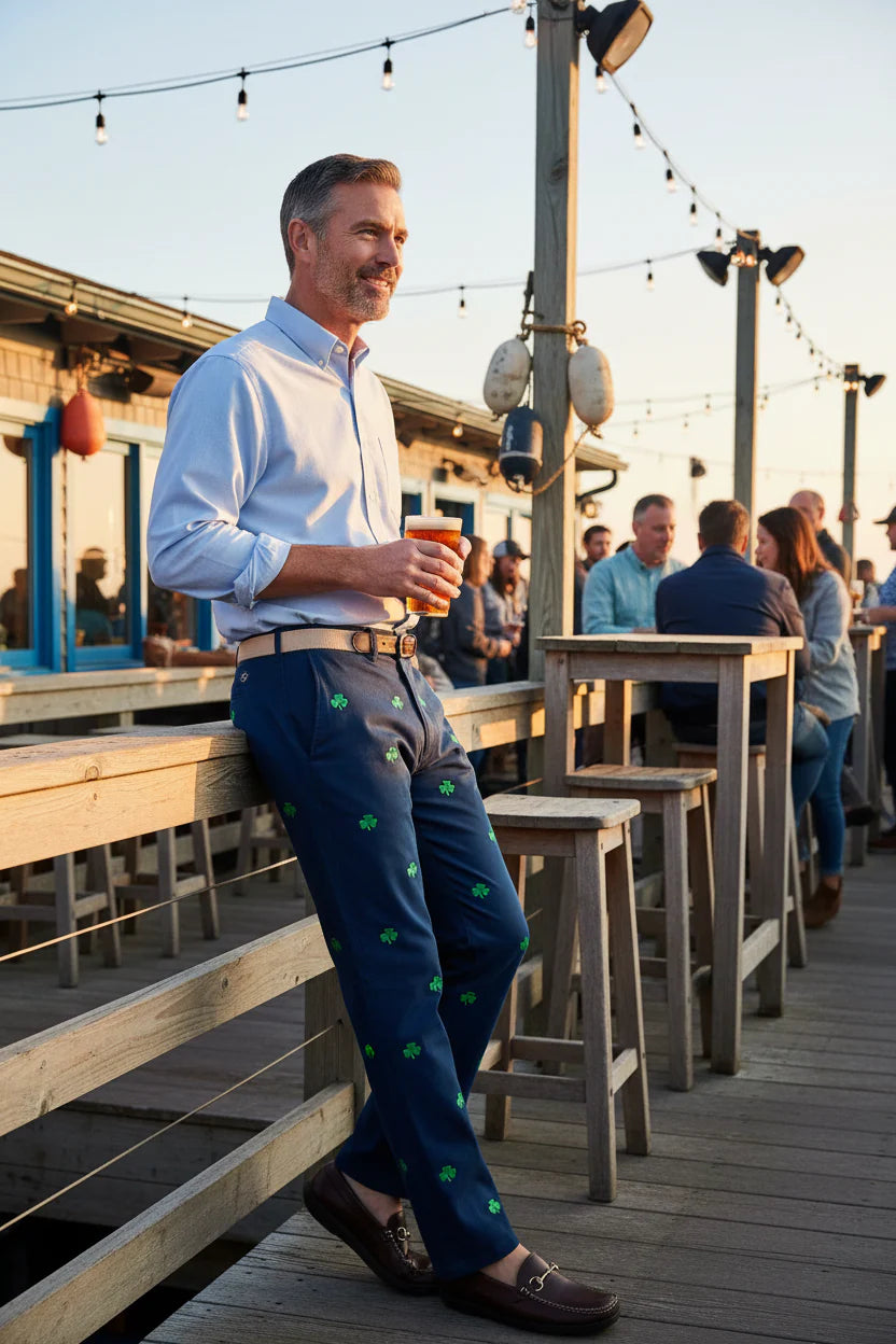 Men;s Popular Embroidered Pants Shamrock on Navy| Designs by Lillie