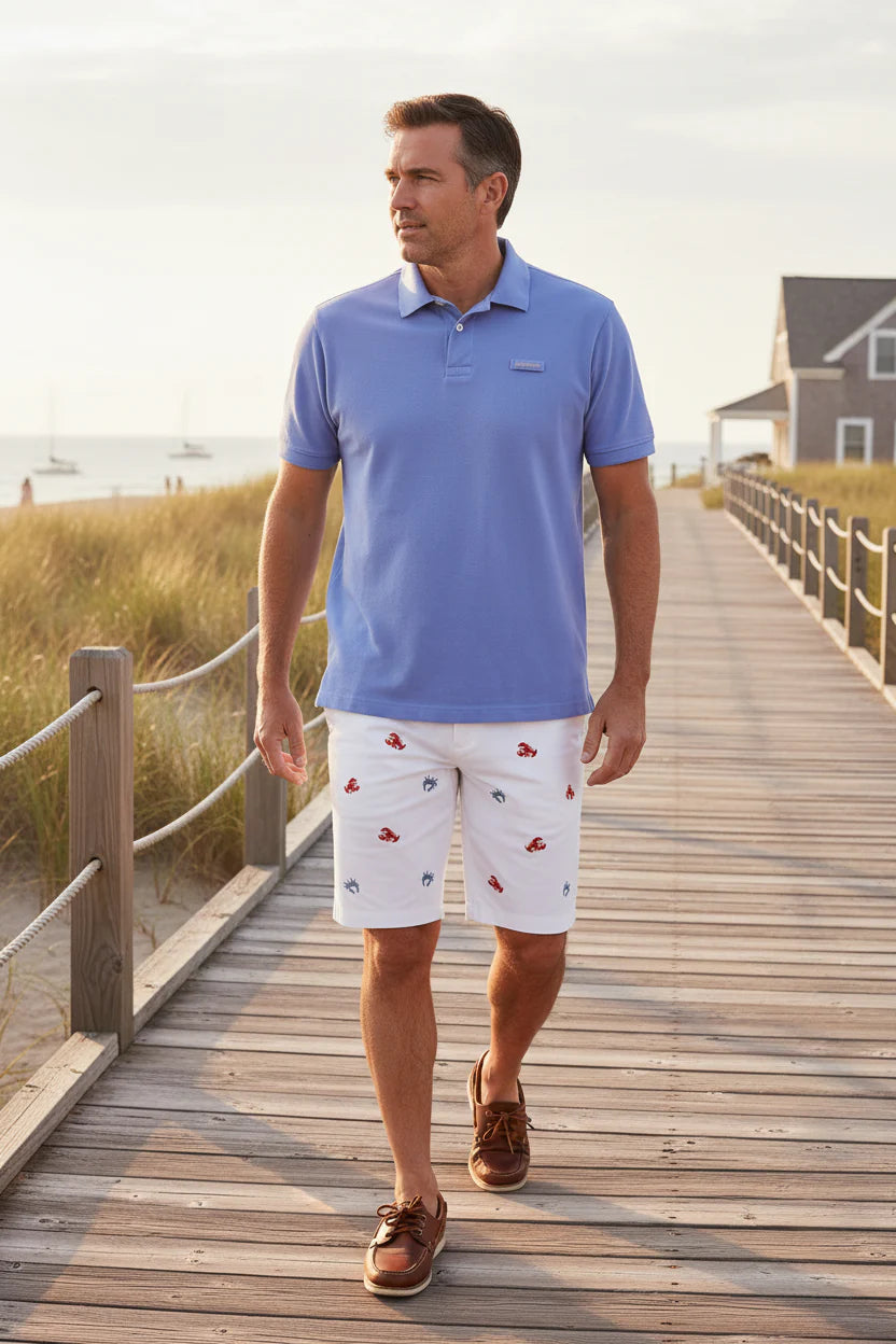Men's Embroidered Shorts Crab and Lobster on white
