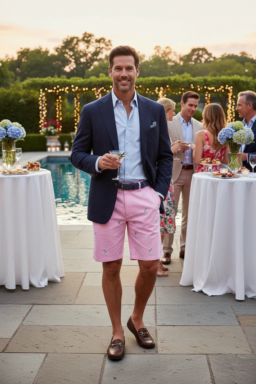 Men's Popular  Embroidered Shorts  Martini and Shaker on Pink