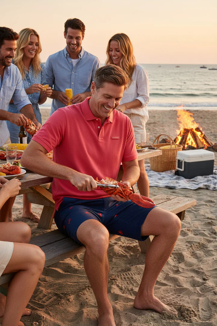 Cisco Embroidered Shorts by Castaway Clothing Lobster on Navy