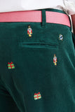 Men's Embroidered Beach Comber Corduroy  Pants Nutcracker on Hunter Green