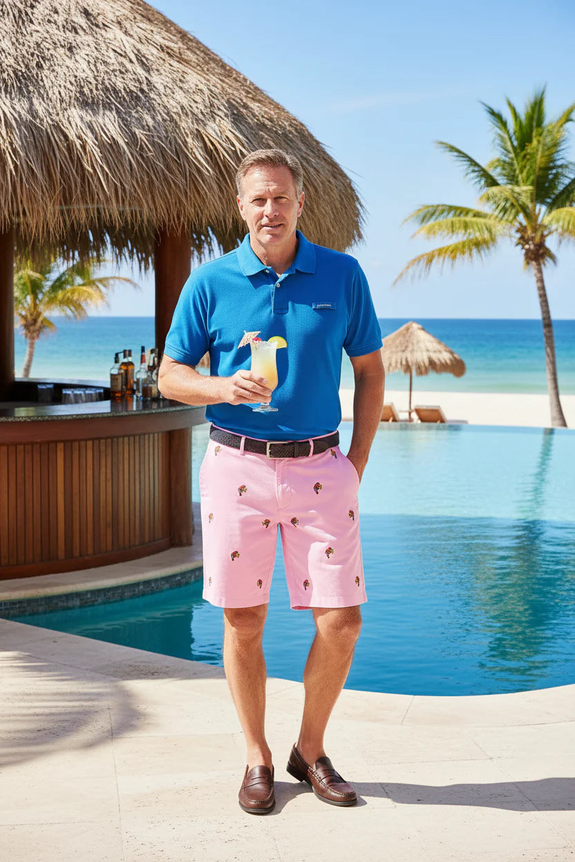 Mens' Popular Embroidered Shorts Parrot on Pink