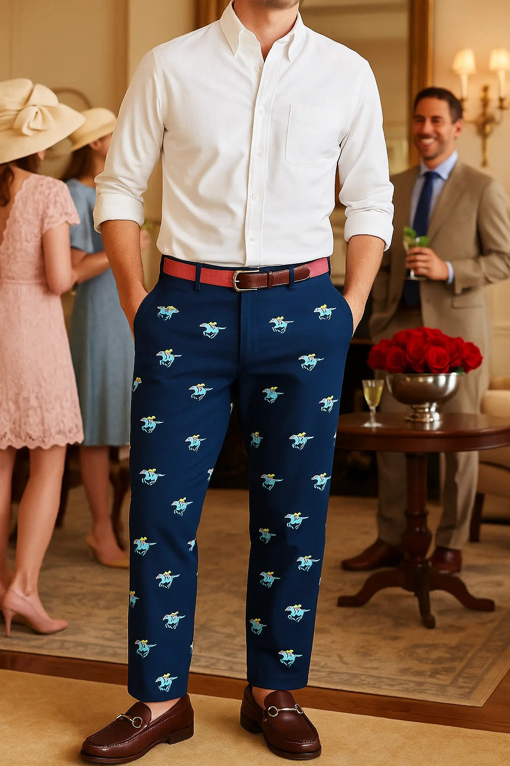 Men's Popular Embroidered Pants  Horse Race on Navy