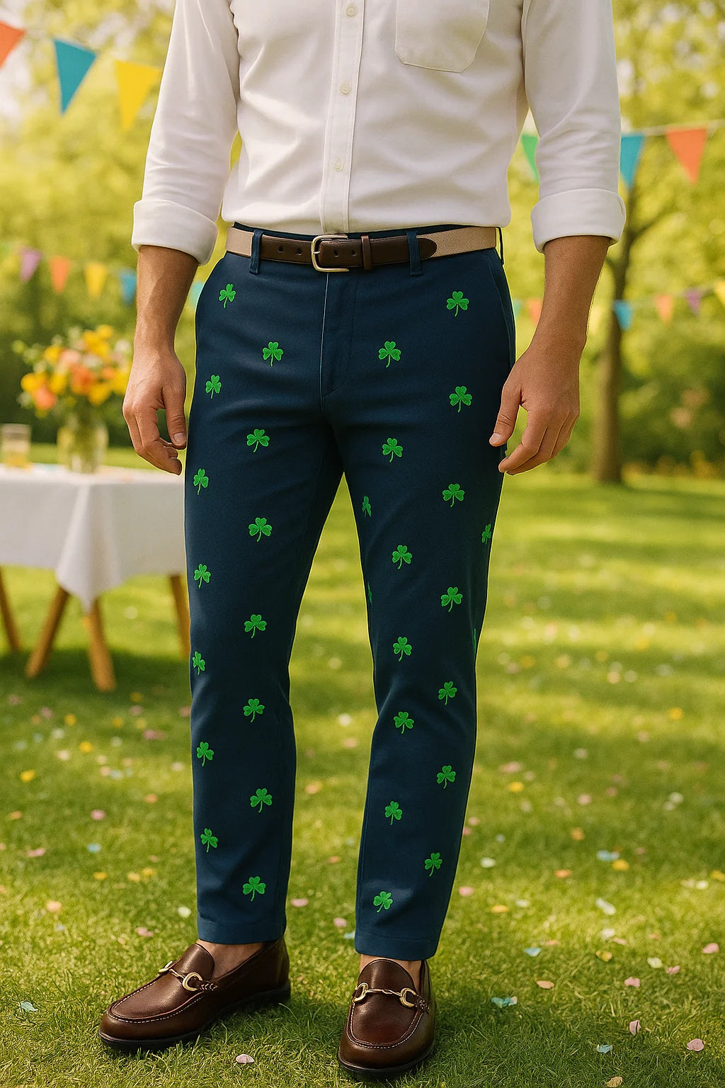 Men;s Popular Embroidered Pants Shamrock on Navy| Designs by Lillie