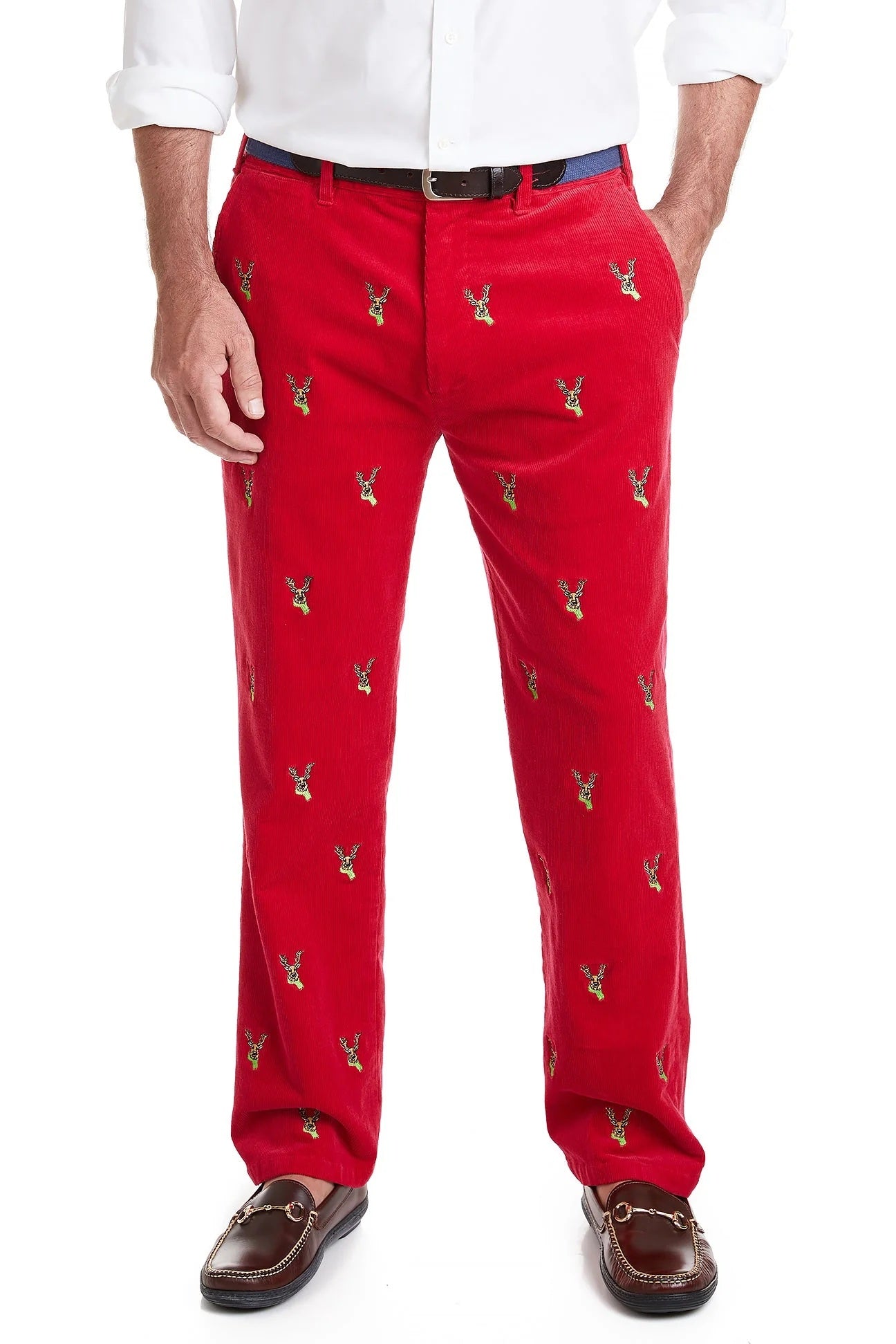 Men's Embroidered Coruroy Pants Crimson Red with Dasher