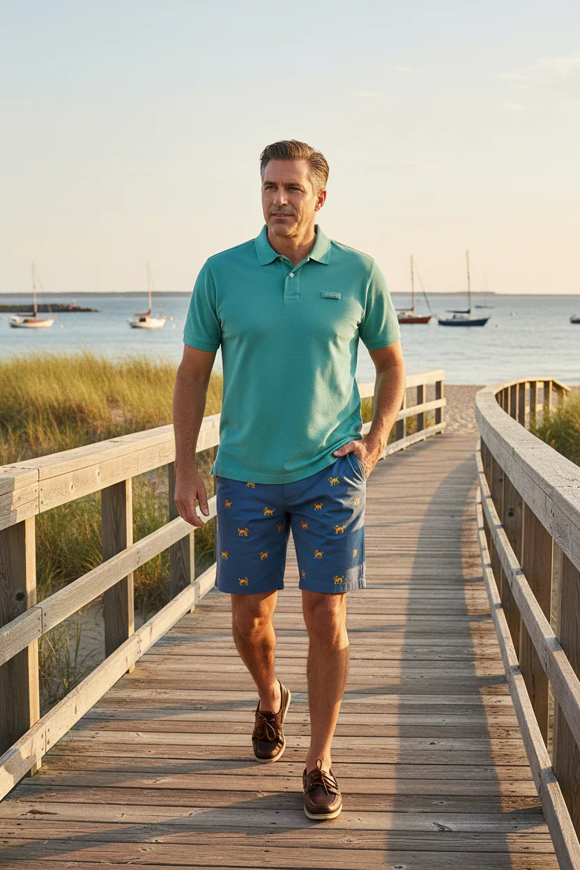 Mens Embroidered Shorts l Shorts Stone Ble-Patiotic Dog