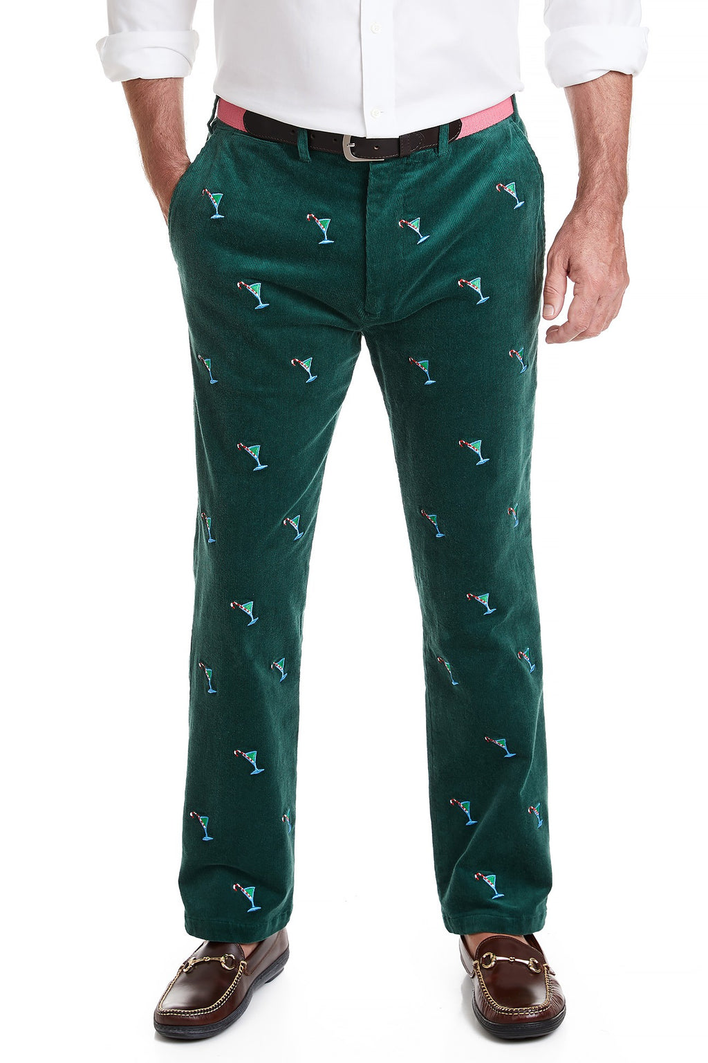 Men's Embroidered Bwachcomber Cordury Pants Martini and Candy Cane Hunter Green